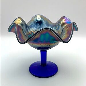 VTG Fenton Rib & Holly Sprig Cobalt Blue Carnival Glass Flared Crimped Compote